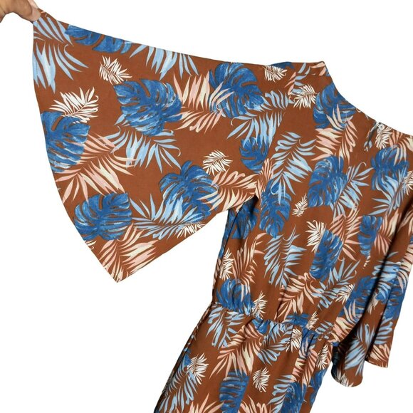 Blu Heaven Maxi Dress Women Small Tropical Beachy Boho V Neck‎ Brown Blue NWT - Picture 5 of 10